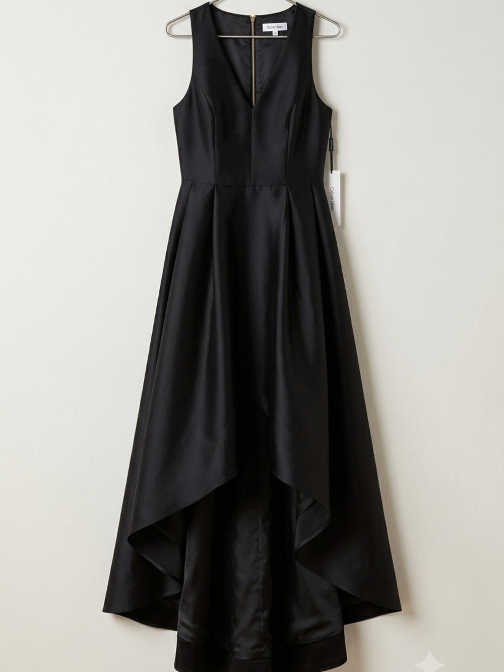 Calvin Klein Black Sleeveless High-Low Satin Gown